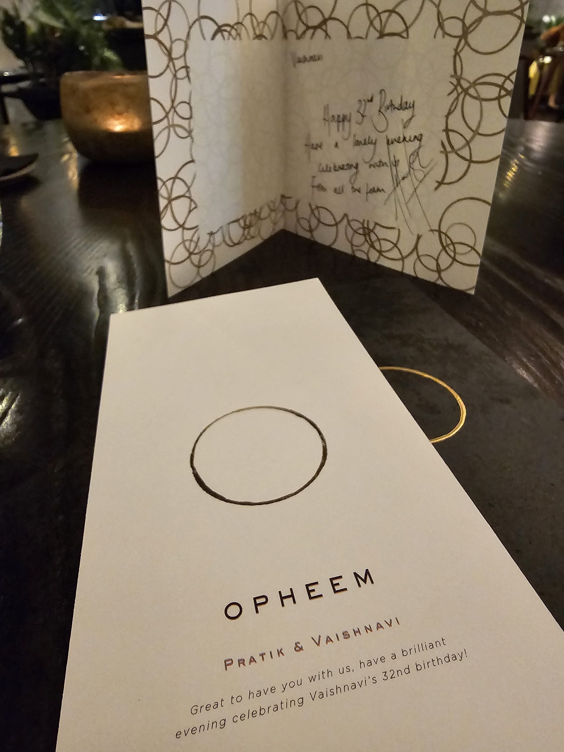 Personalised Opheem card for Pratik and Vaishnavi with handwritten birthday message